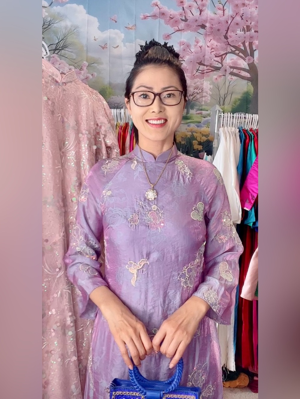 Ao dai m 2 purple tencel thêu kim sa sequin set Vietnam traditional long dress 🎁